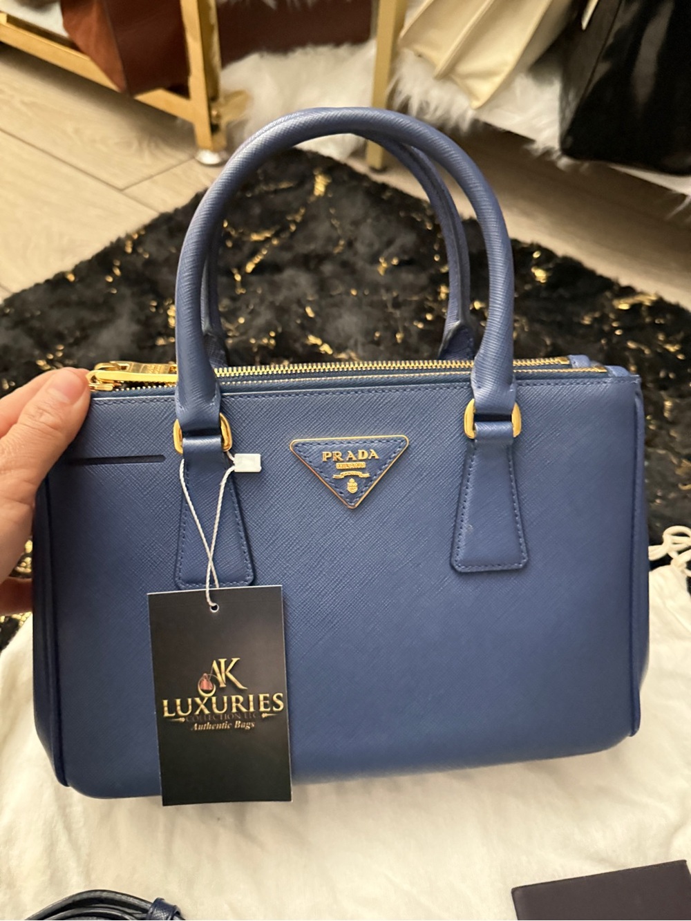 Prada Navy Saffiano Leather Double-Handle Satchel with Gold Hardware - Picture 3 of 16